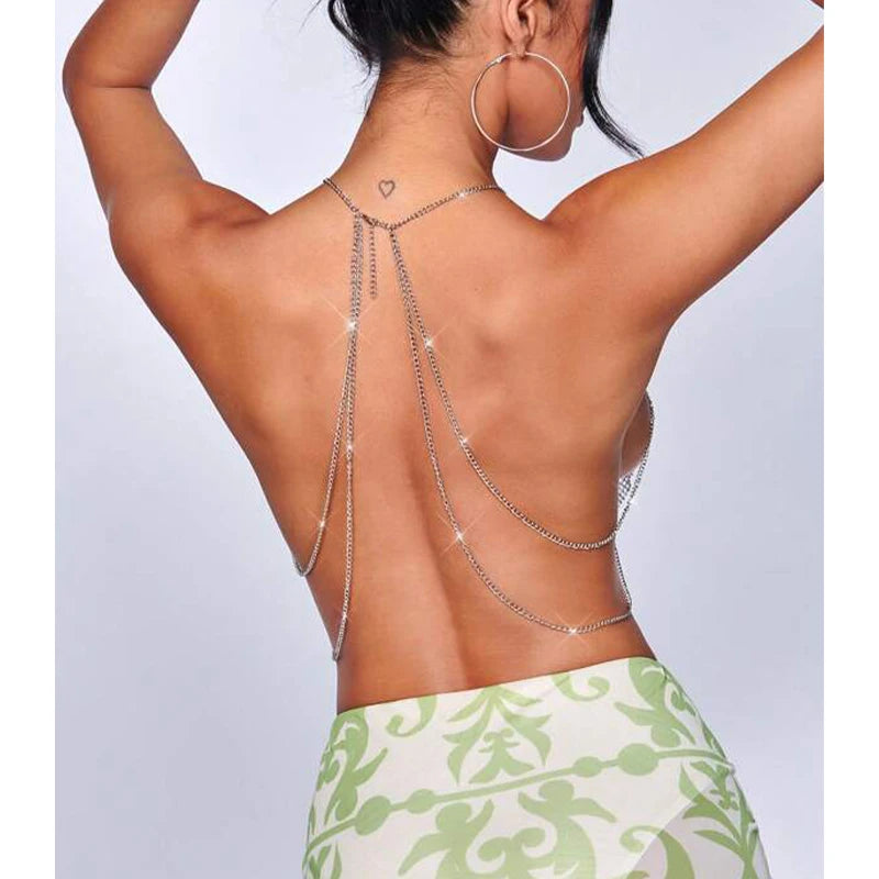 Sexy Metal Rhinestone Backless Halter Tops