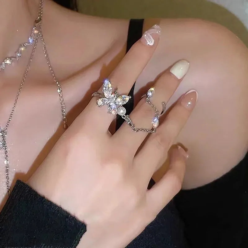Butterfly Tassel Chain Ring With Bracelet