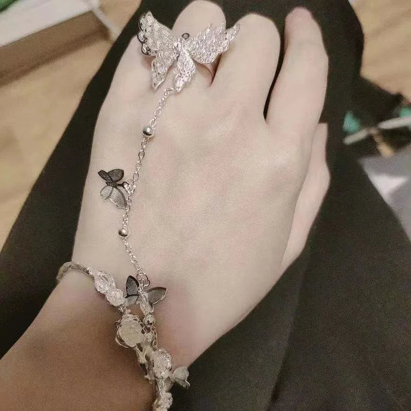 Butterfly Tassel Chain Ring With Bracelet
