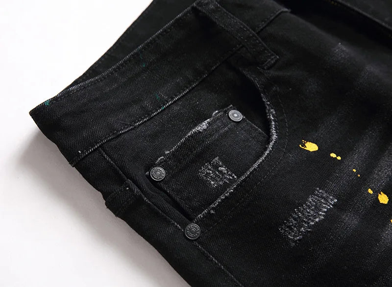 Casual Black Jeans Paint Slim Straight