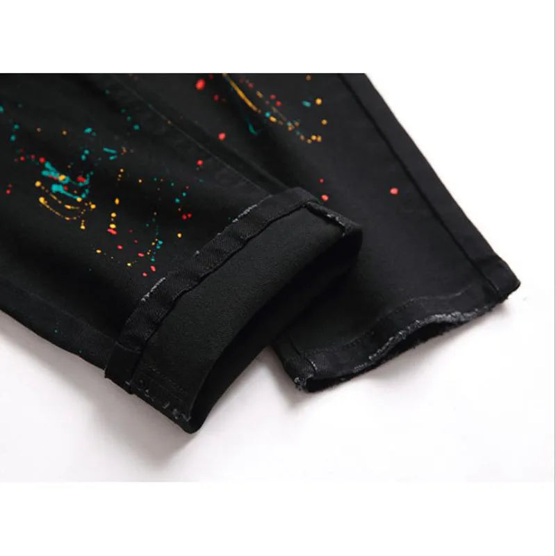 Casual Black Jeans Paint Slim Straight