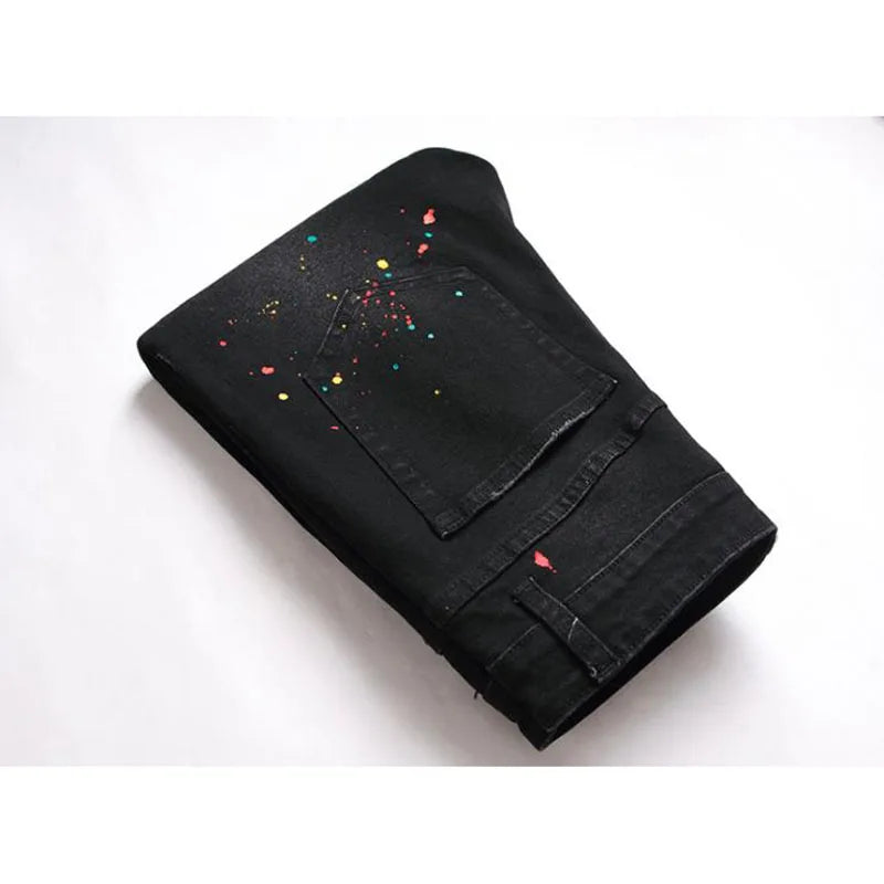 Casual Black Jeans Paint Slim Straight