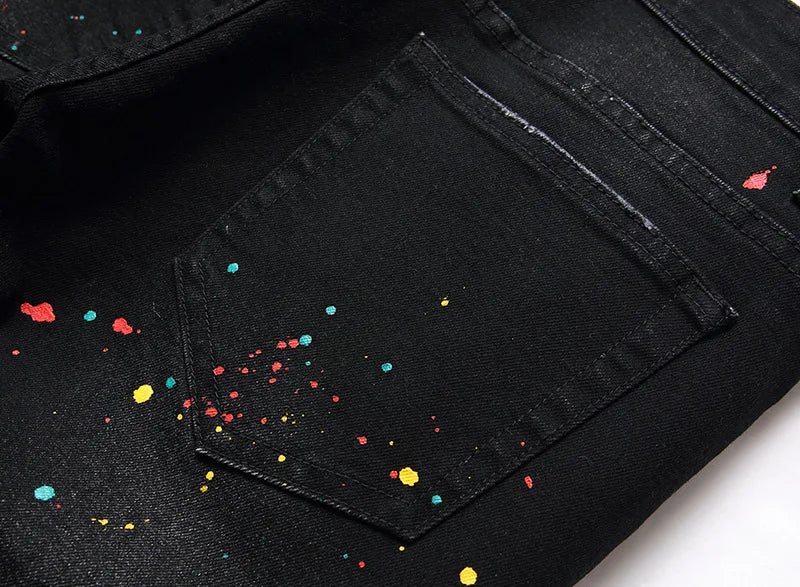 Casual Black Jeans Paint Slim Straight
