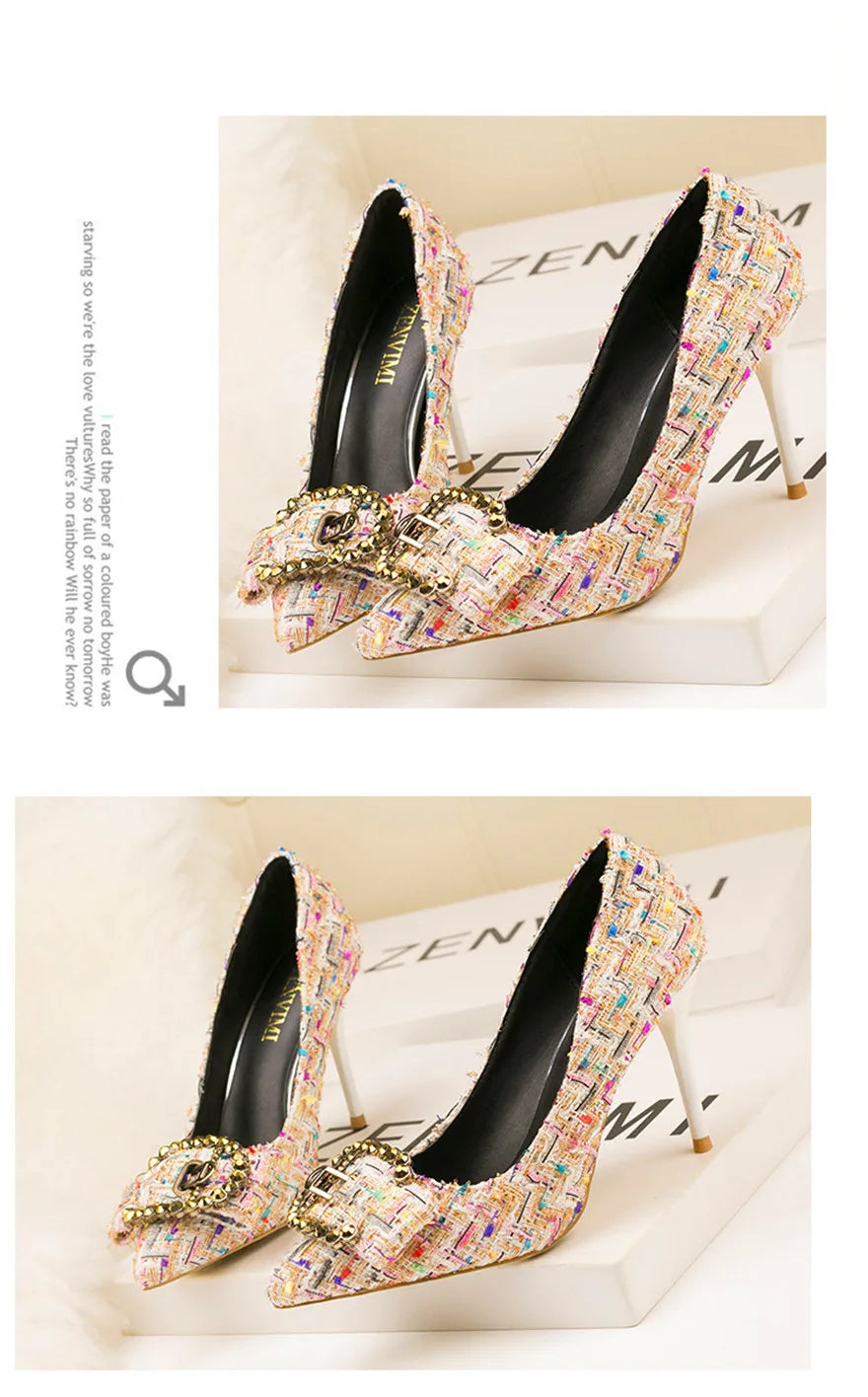 Mixed Colors Woolen Women Pumps New Elegant Crystal Metal Buckle