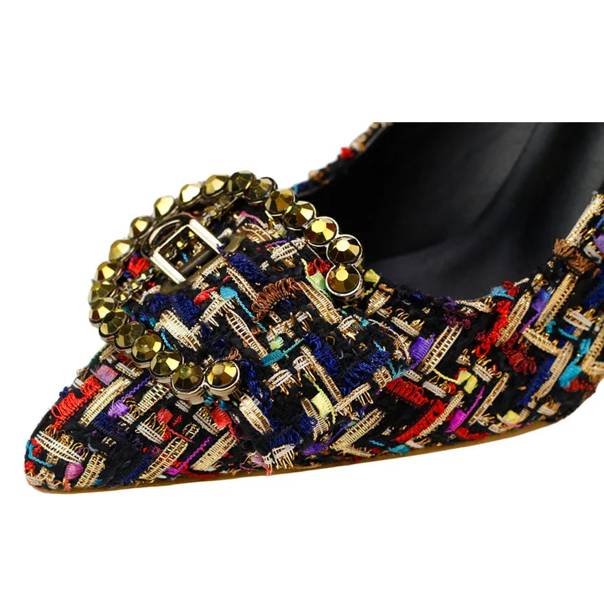 Mixed Colors Woolen Women Pumps New Elegant Crystal Metal Buckle