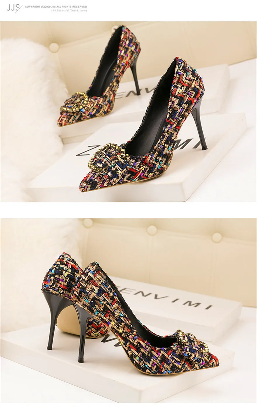 Mixed Colors Woolen Women Pumps New Elegant Crystal Metal Buckle