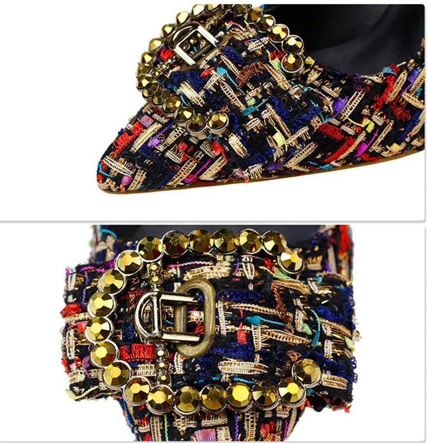 Mixed Colors Woolen Women Pumps New Elegant Crystal Metal Buckle