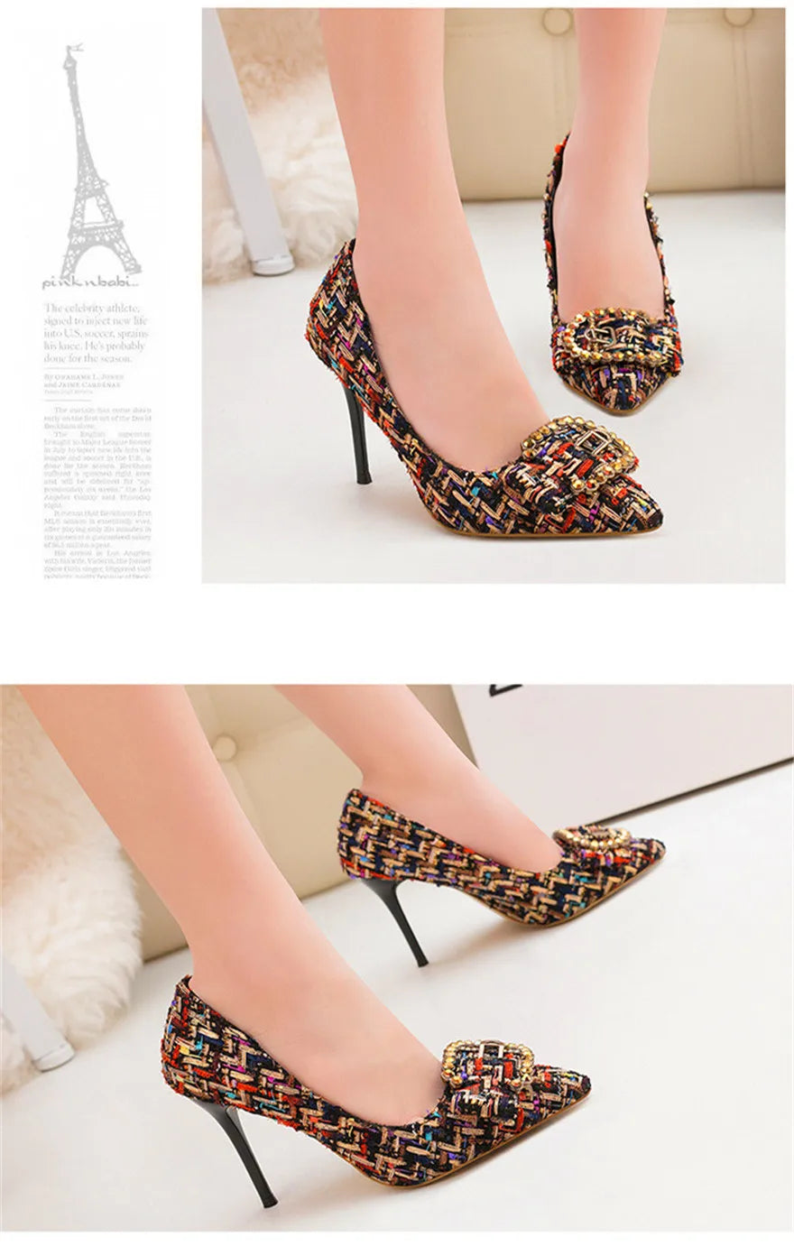 Mixed Colors Woolen Women Pumps New Elegant Crystal Metal Buckle