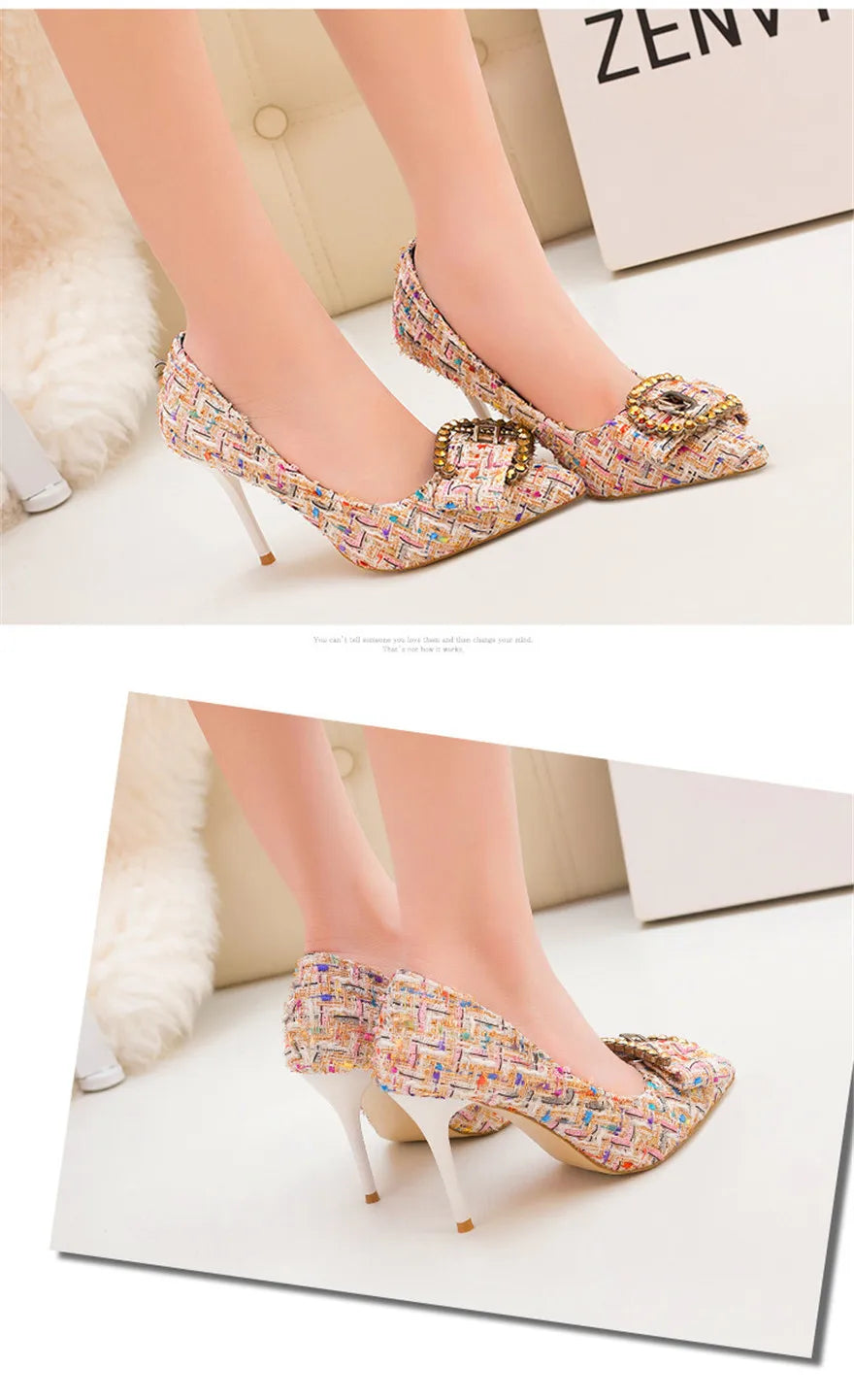 Mixed Colors Woolen Women Pumps New Elegant Crystal Metal Buckle