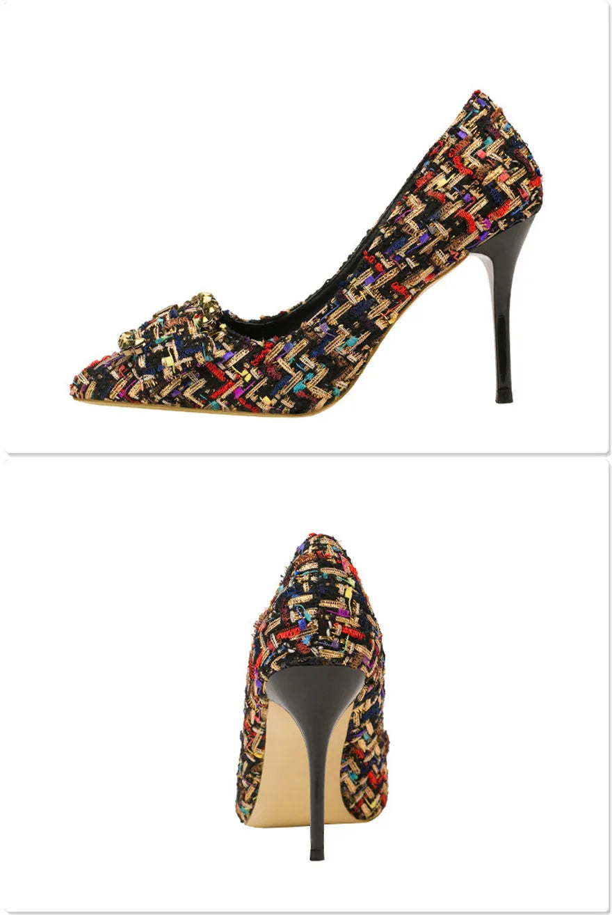 Mixed Colors Woolen Women Pumps New Elegant Crystal Metal Buckle