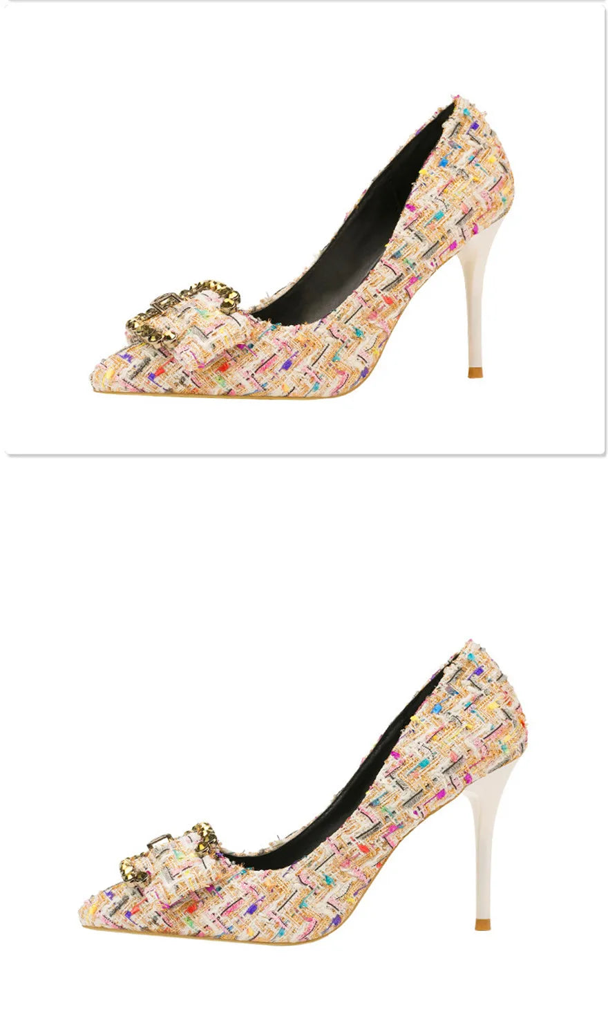 Mixed Colors Woolen Women Pumps New Elegant Crystal Metal Buckle