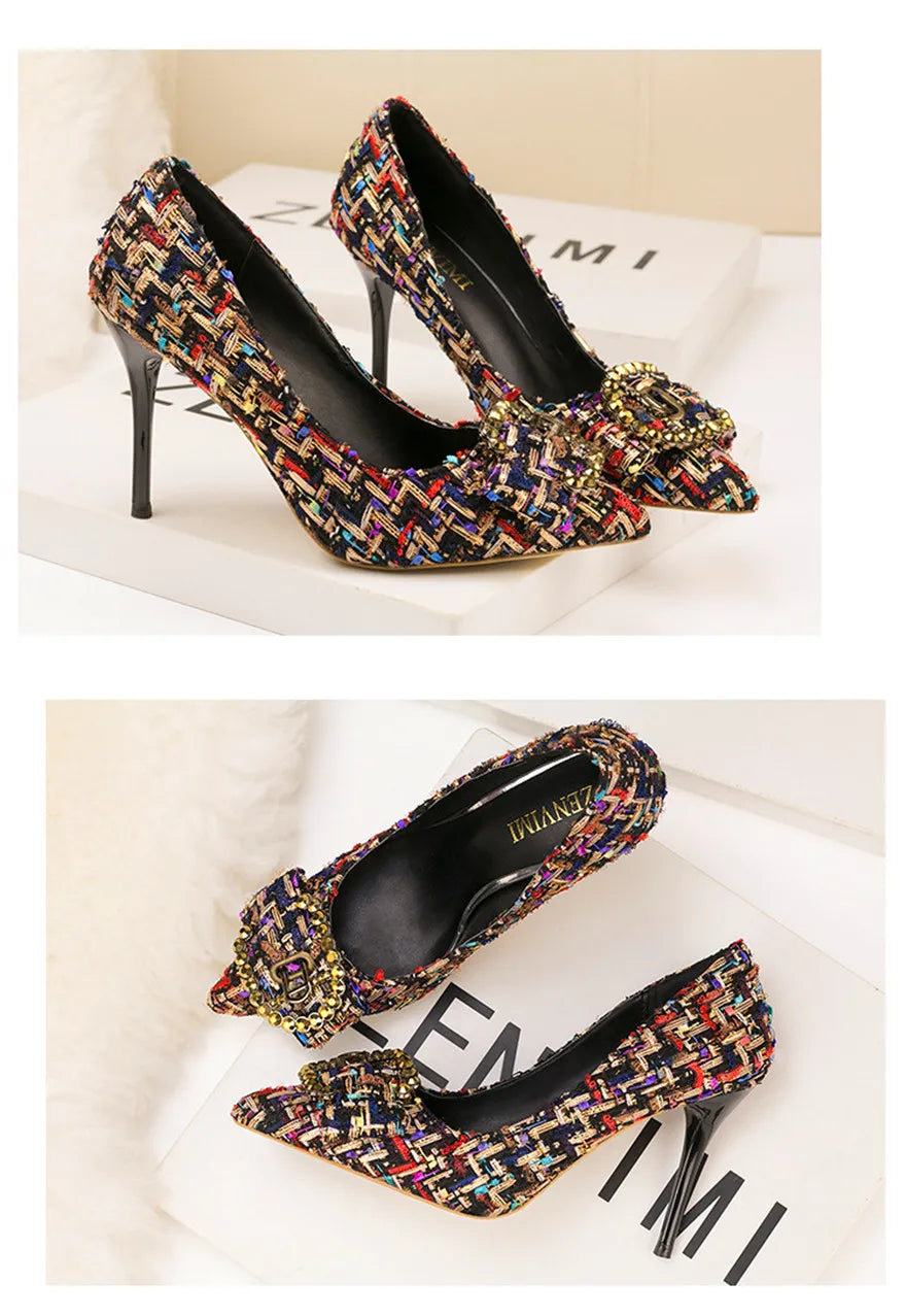 Mixed Colors Woolen Women Pumps New Elegant Crystal Metal Buckle