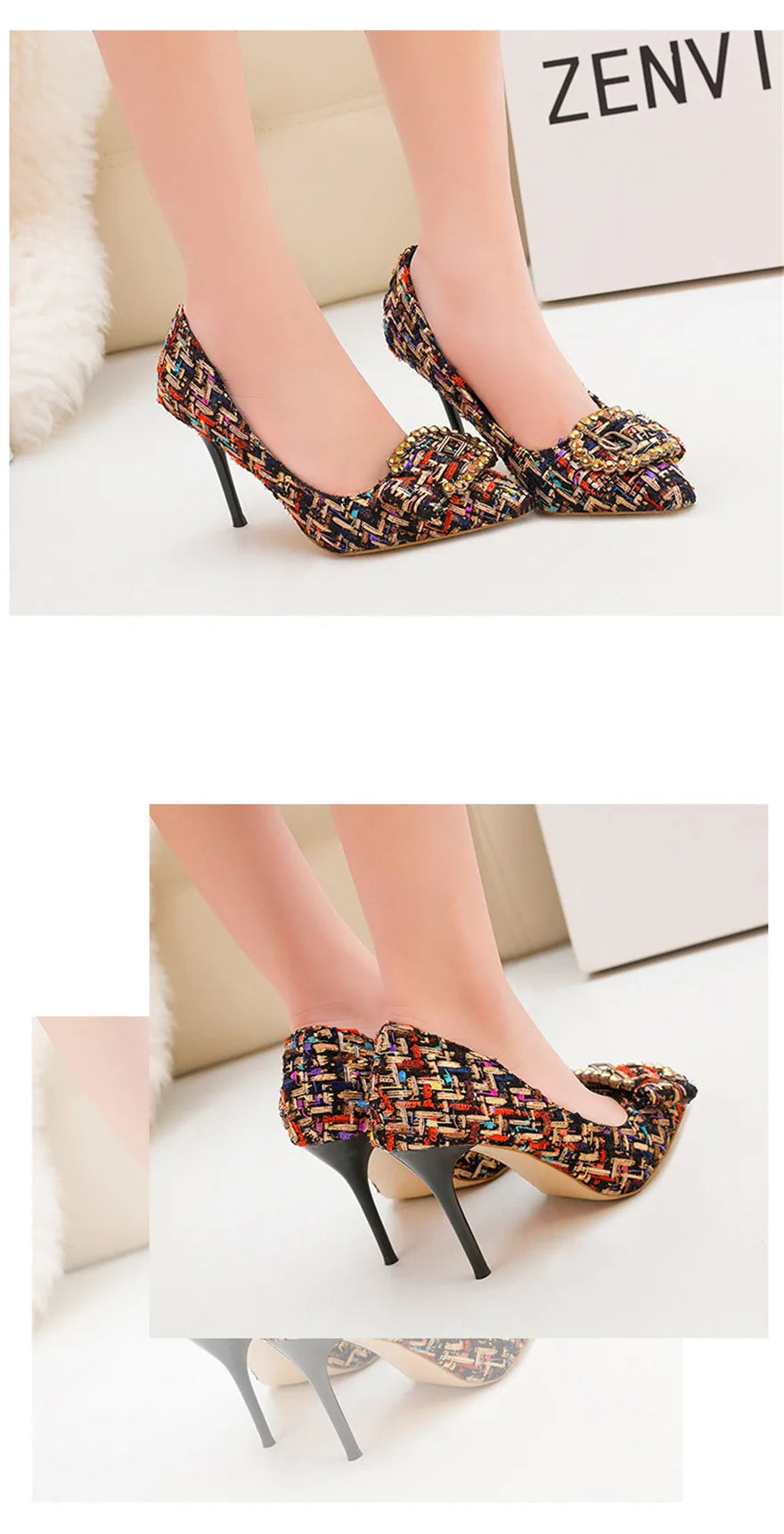 Mixed Colors Woolen Women Pumps New Elegant Crystal Metal Buckle