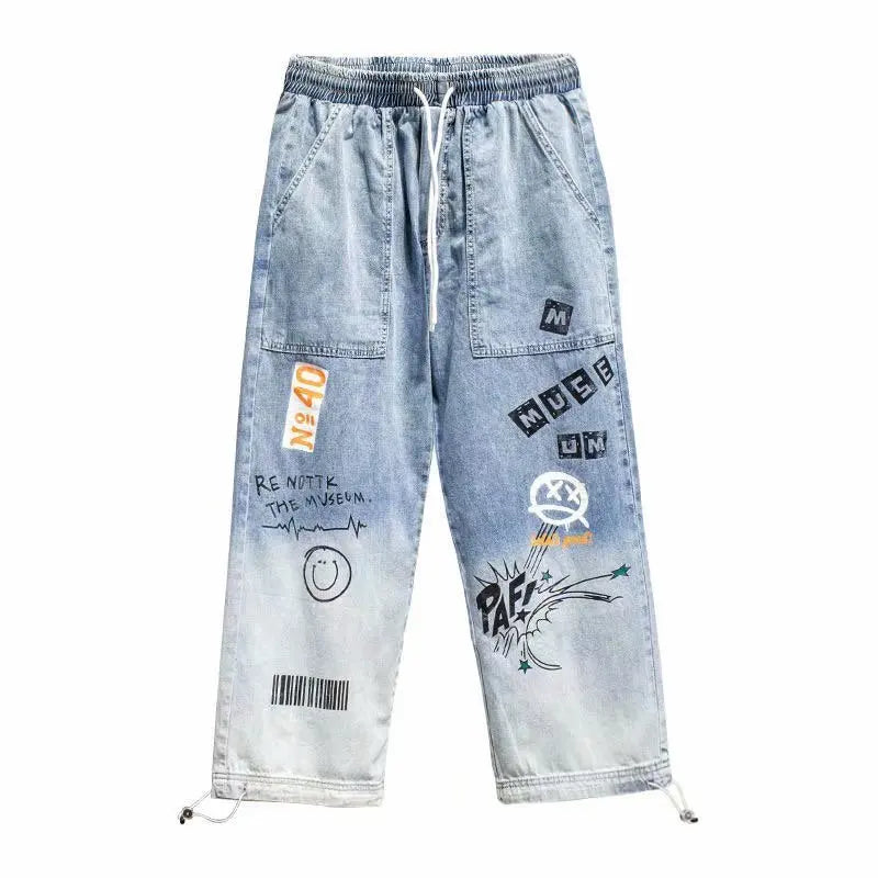 Print Jeans Loose Cartoon Graffiti Drawstring Trousers Hip Hop Trend Casual Streetwear Jogging Pants