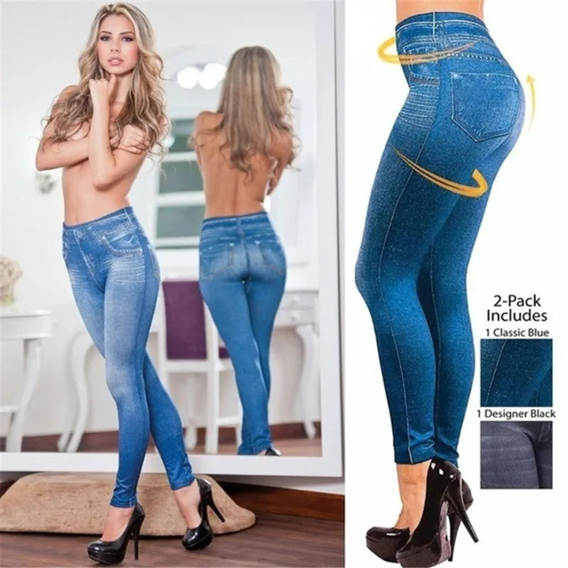 Vintage Elastic Imitation Denim Leggings High Waist Slim Fit Hip Leggings Women&