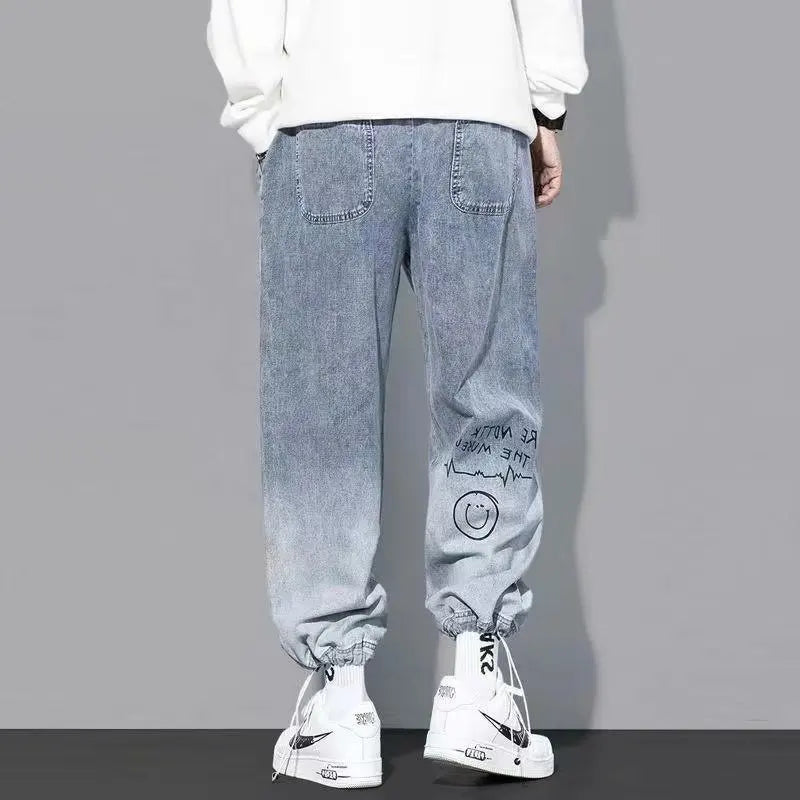 Print Jeans Loose Cartoon Graffiti Drawstring Trousers Hip Hop Trend Casual Streetwear Jogging Pants