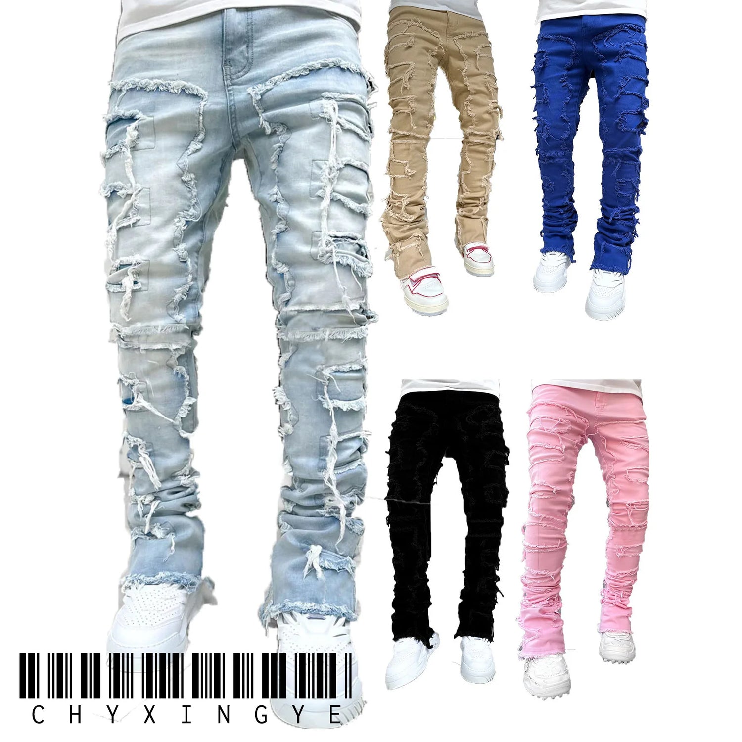 Ripped Slim Fit Patch Distressed Destroyed Straight Denim Pants
