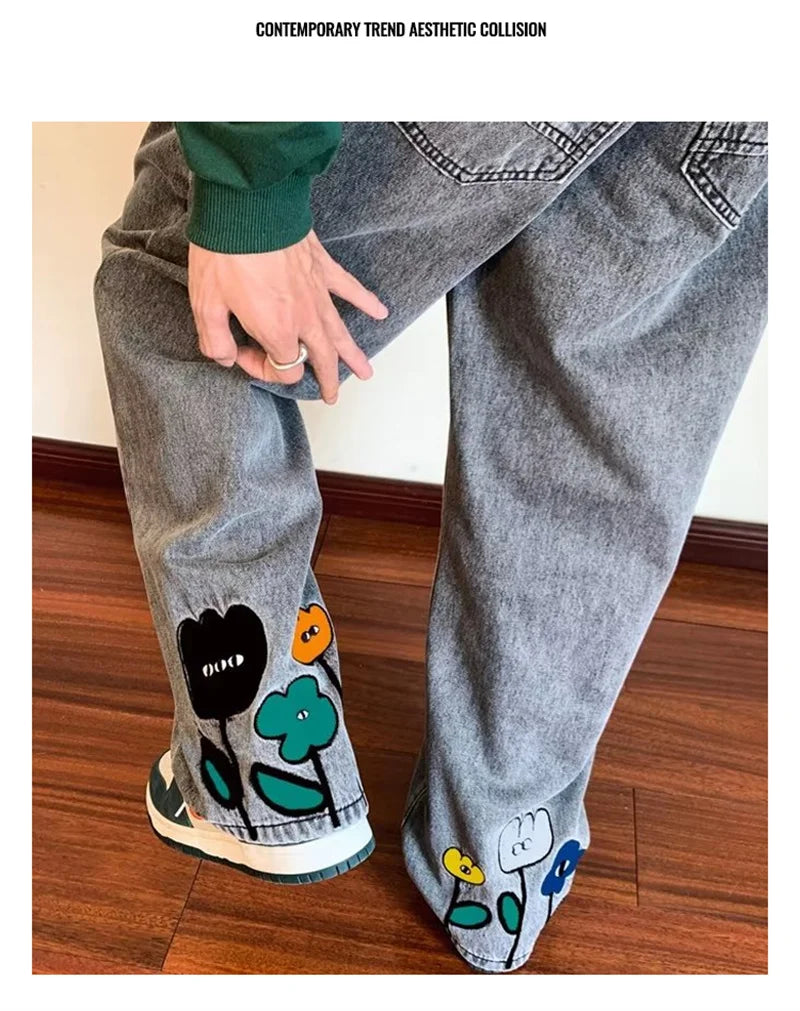 Mens Flower Printed Baggy Jeans