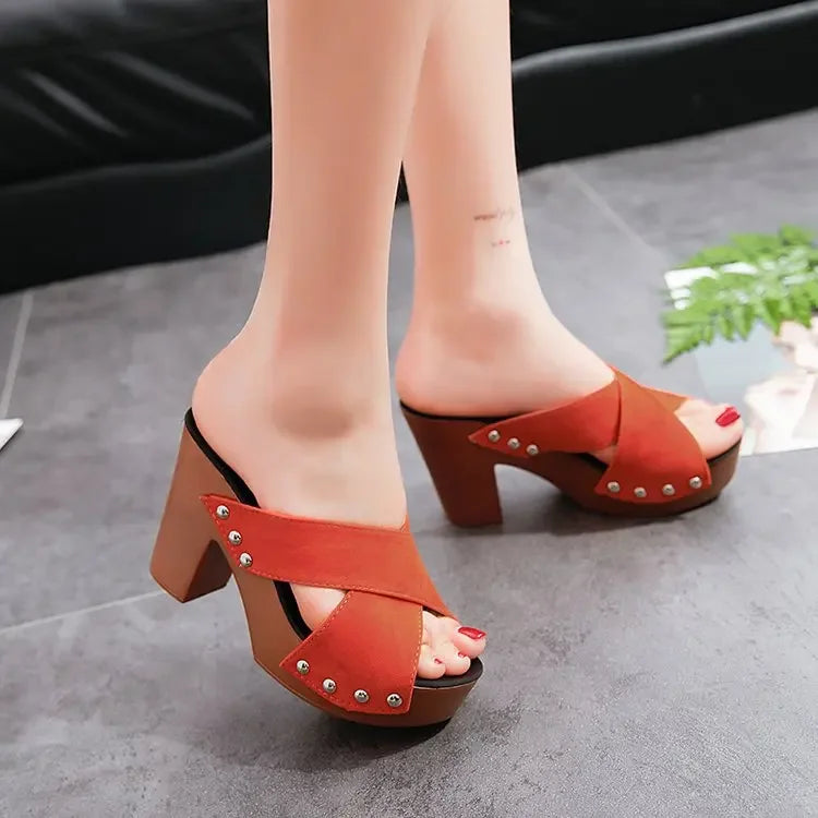Platform Flock Casual Rivet Pumps