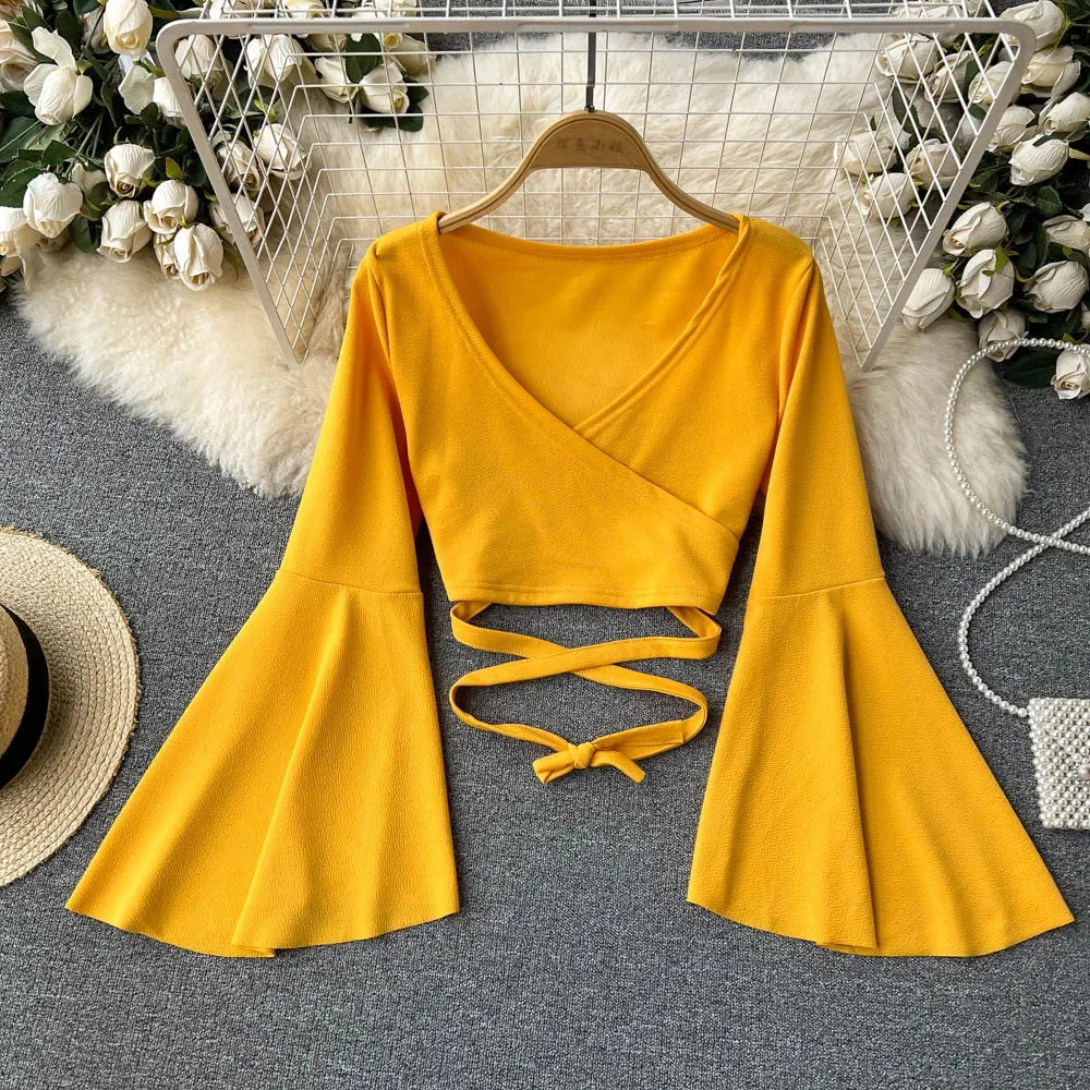 Sexy Flare Long Sleeve shirt Elegant Criss-cross Bandage Top