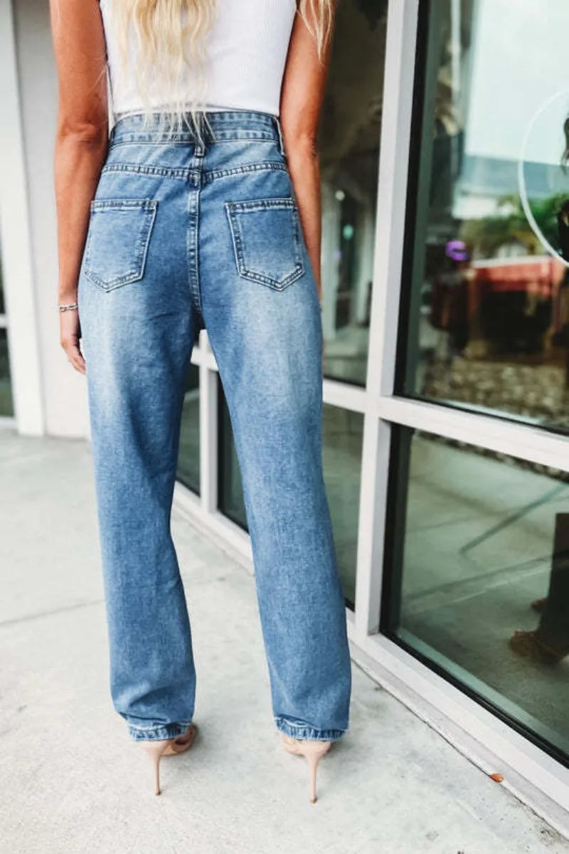 Chain Straight Jeans, High Waist, Loose Denim Long Pants