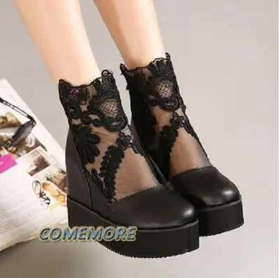 Lace Shoes Wedge Heels Platform Pumps