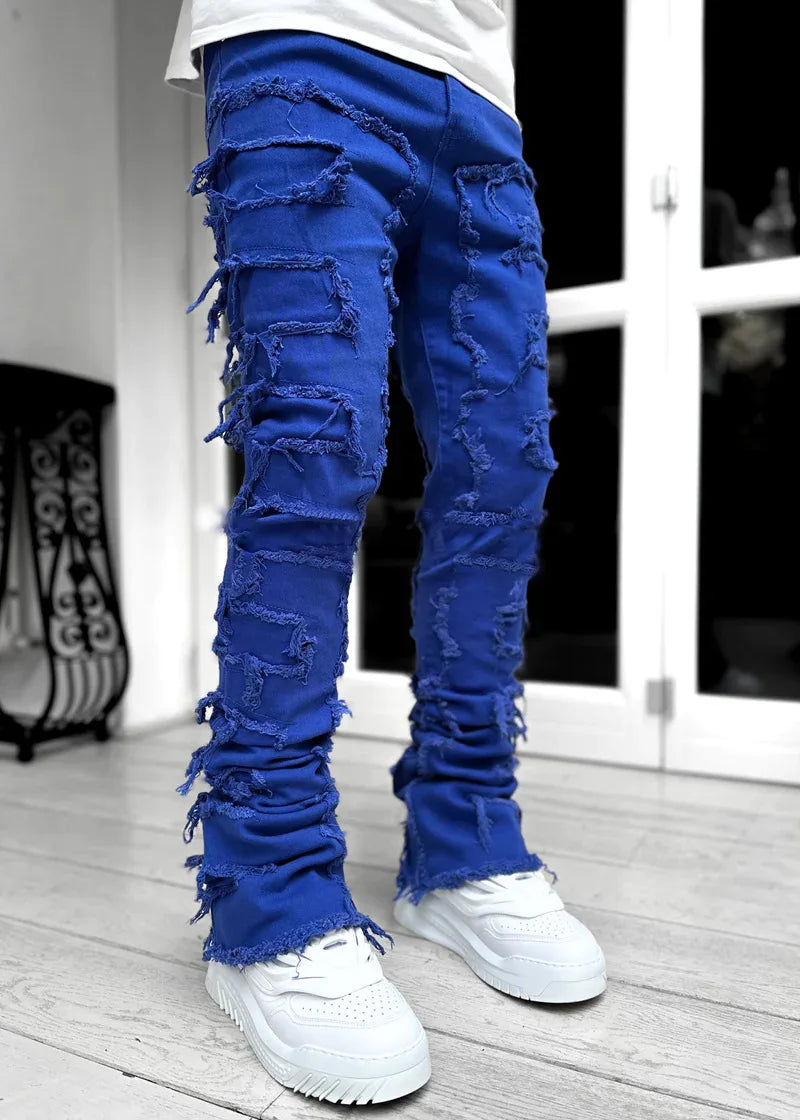 Ripped Slim Fit Patch Distressed Destroyed Straight Denim Pants