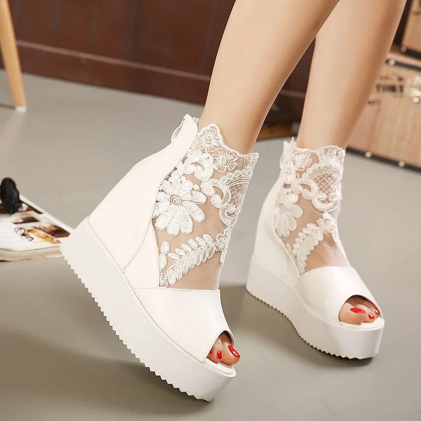 Lace Shoes Wedge Heels Platform Pumps