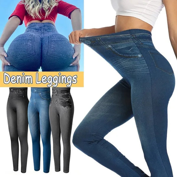 Vintage Elastic Imitation Denim Leggings High Waist Slim Fit Hip Leggings Women&