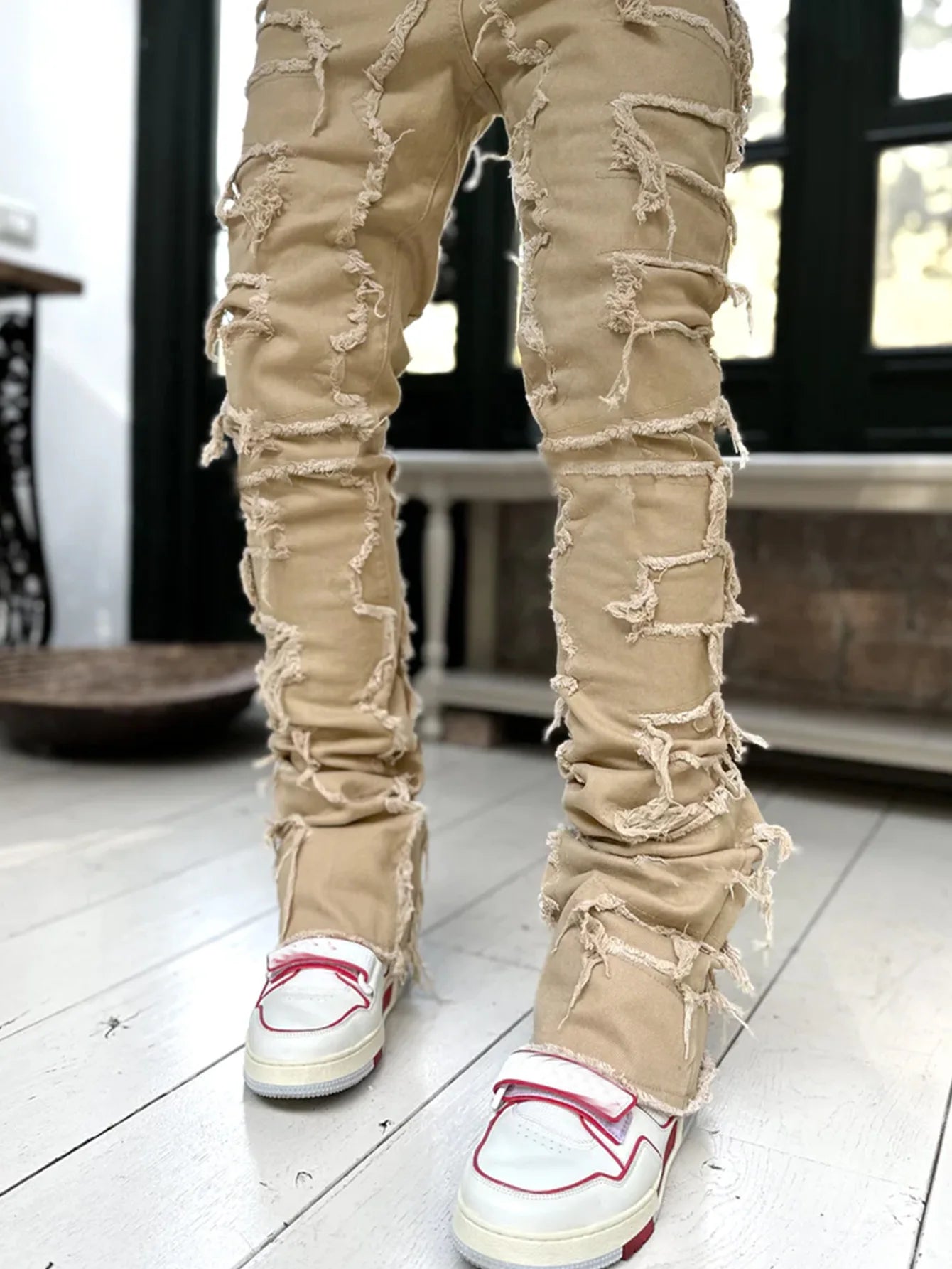 Ripped Slim Fit Patch Distressed Destroyed Straight Denim Pants