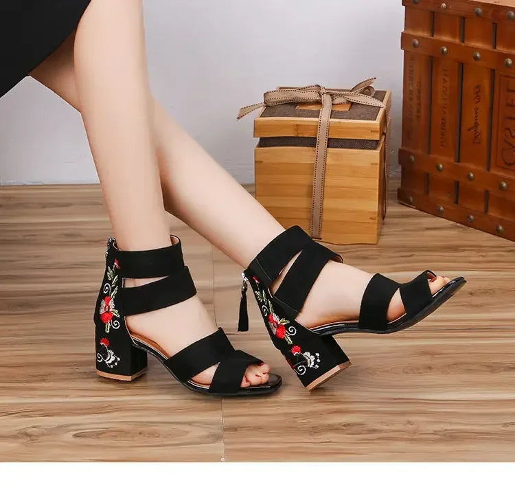 Embroidered Mid-heel Sandals