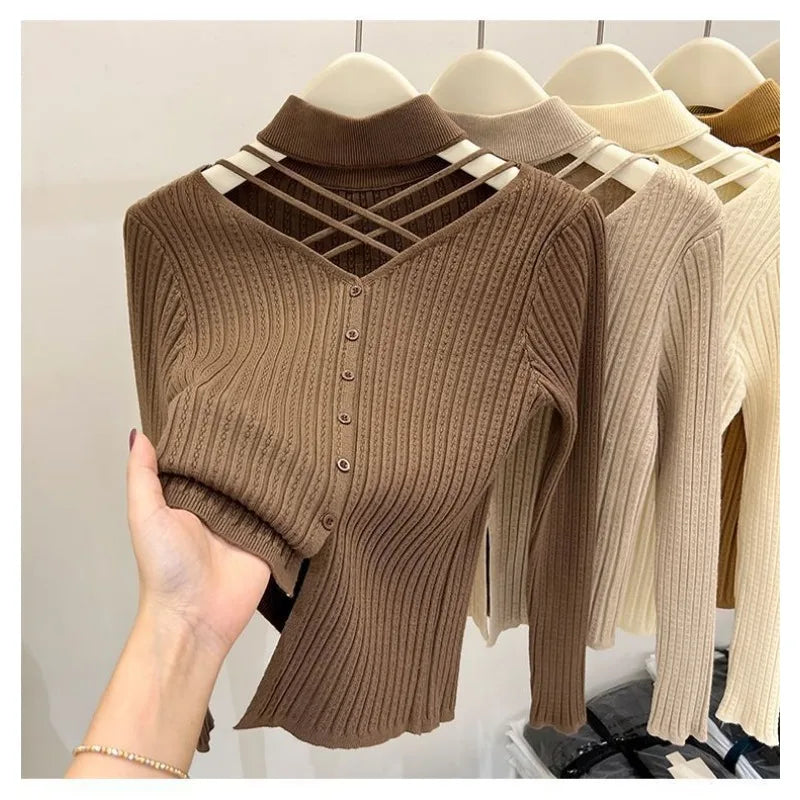 Collarbone Slim Fit Semi-turtleneck Knitted Top