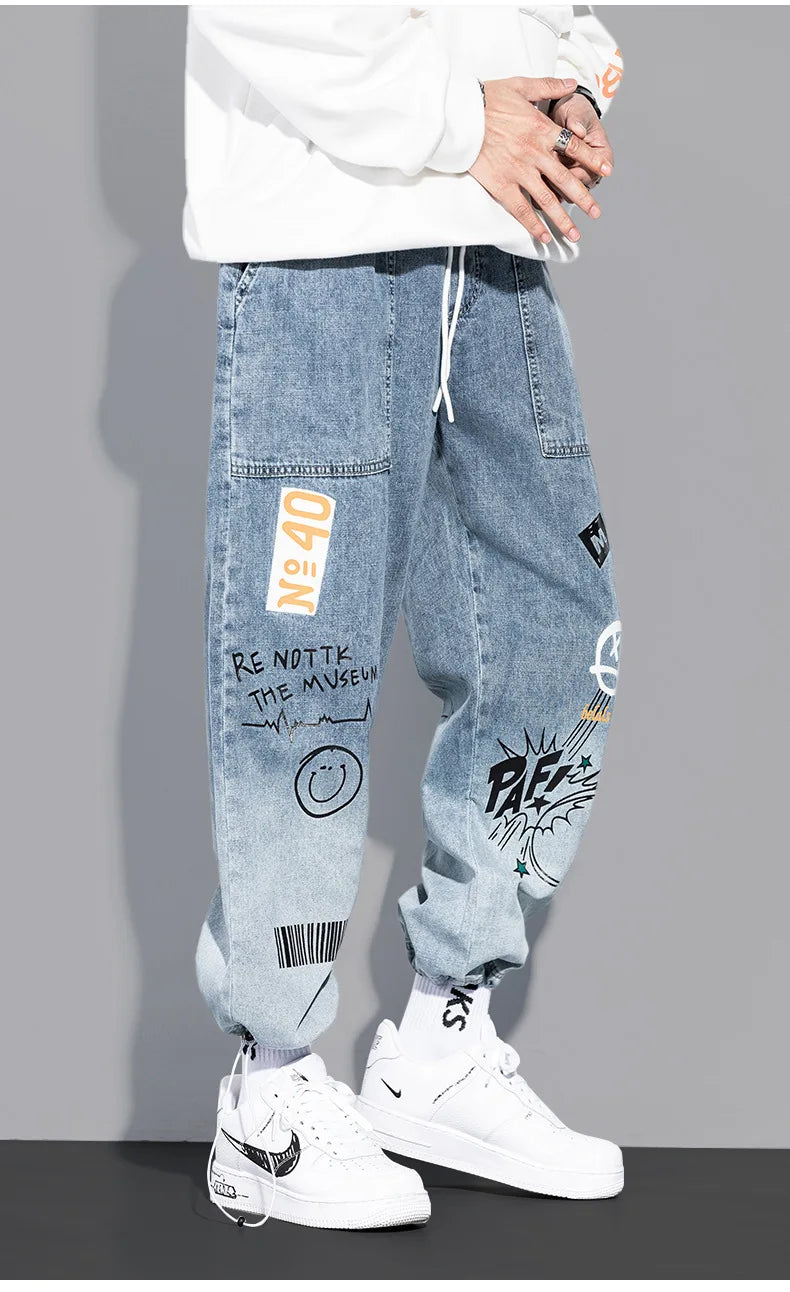 Print Jeans Loose Cartoon Graffiti Drawstring Trousers Hip Hop Trend Casual Streetwear Jogging Pants