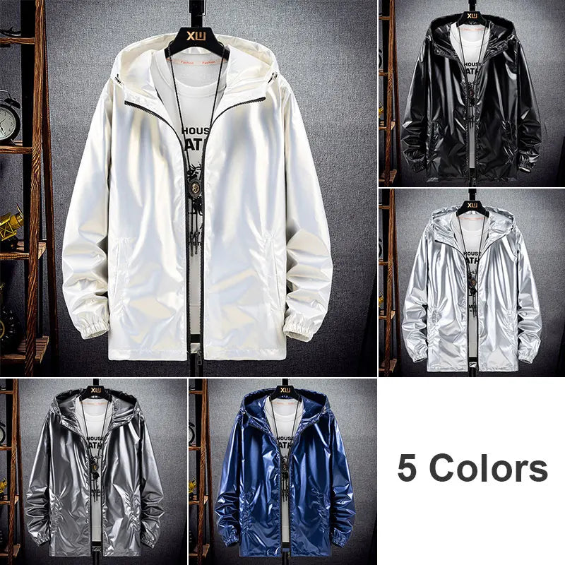 Shiny Jacket Hooded Zipper Jacket Windbreaker Waterproof Coats