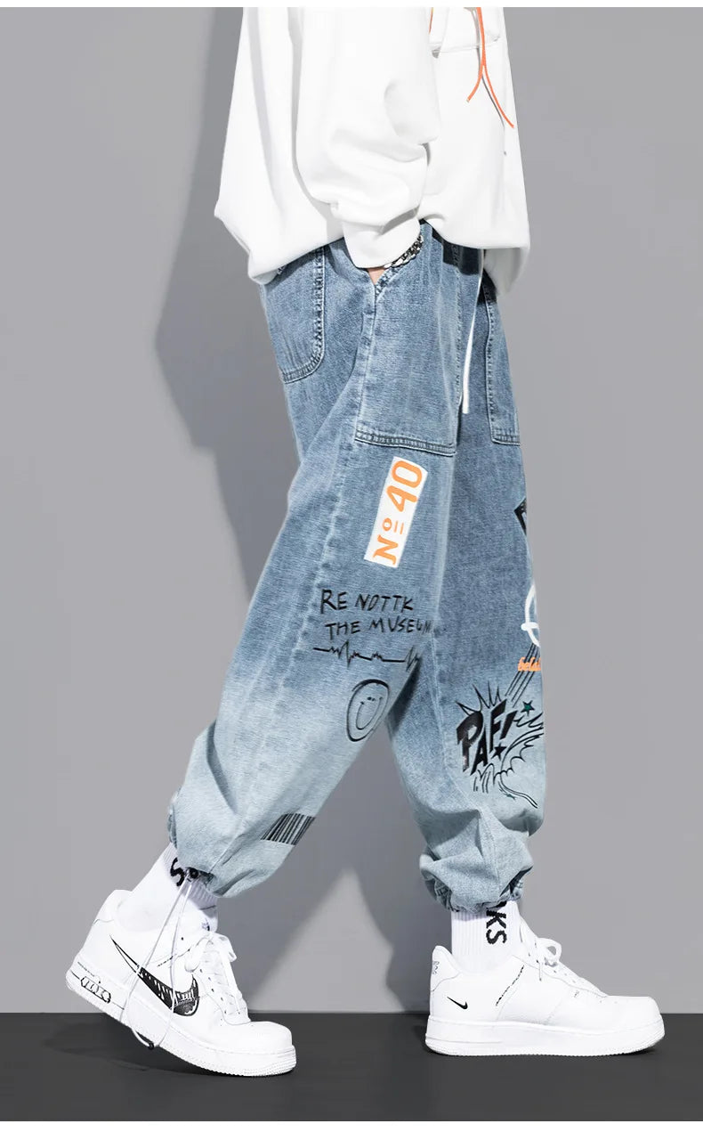 Print Jeans Loose Cartoon Graffiti Drawstring Trousers Hip Hop Trend Casual Streetwear Jogging Pants