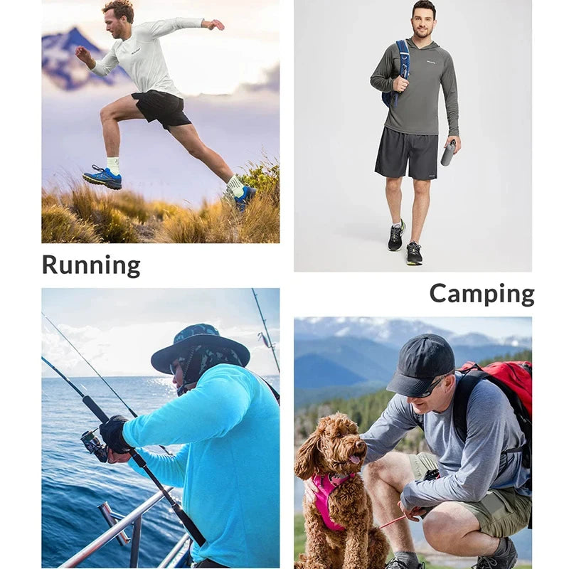Mens UPF50+ Performance T-Shirt Hoodie Long Sleeve Casual Sun Protection