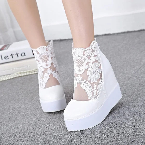 Lace Shoes Wedge Heels Platform Pumps
