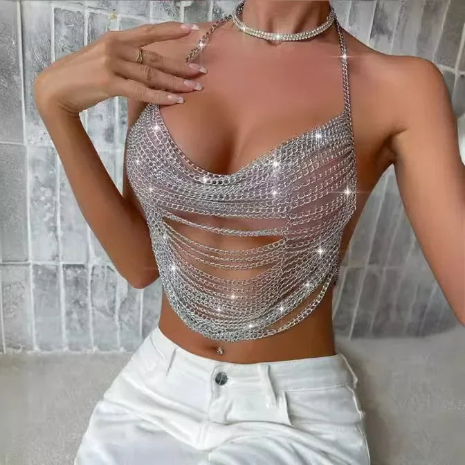 Nightclub Sexy Halter Neck Metal Chain Tank Top
