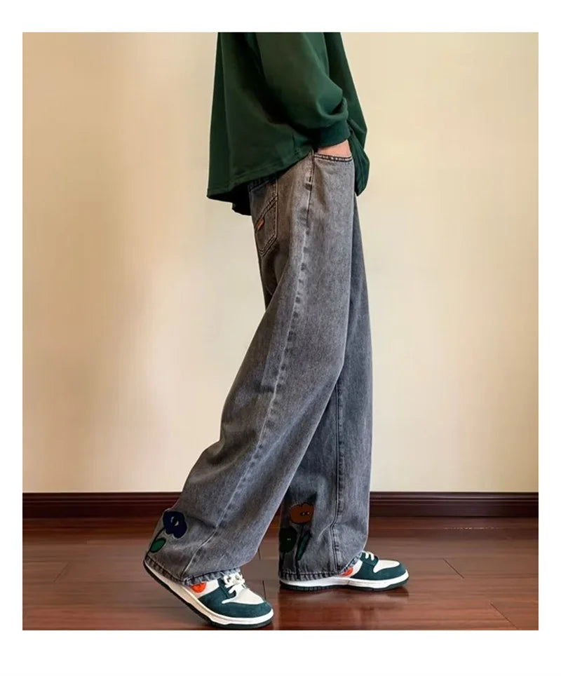 Mens Flower Printed Baggy Jeans