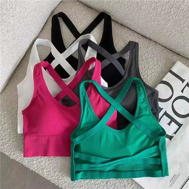 Summer Fashion Sexy Crop Top Women Bra Hollowed Back Cross Strap Yoga Sports Bra Breathable Underwear Female Fitness Vest
