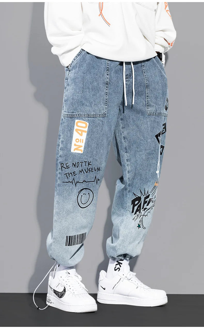 Print Jeans Loose Cartoon Graffiti Drawstring Trousers Hip Hop Trend Casual Streetwear Jogging Pants