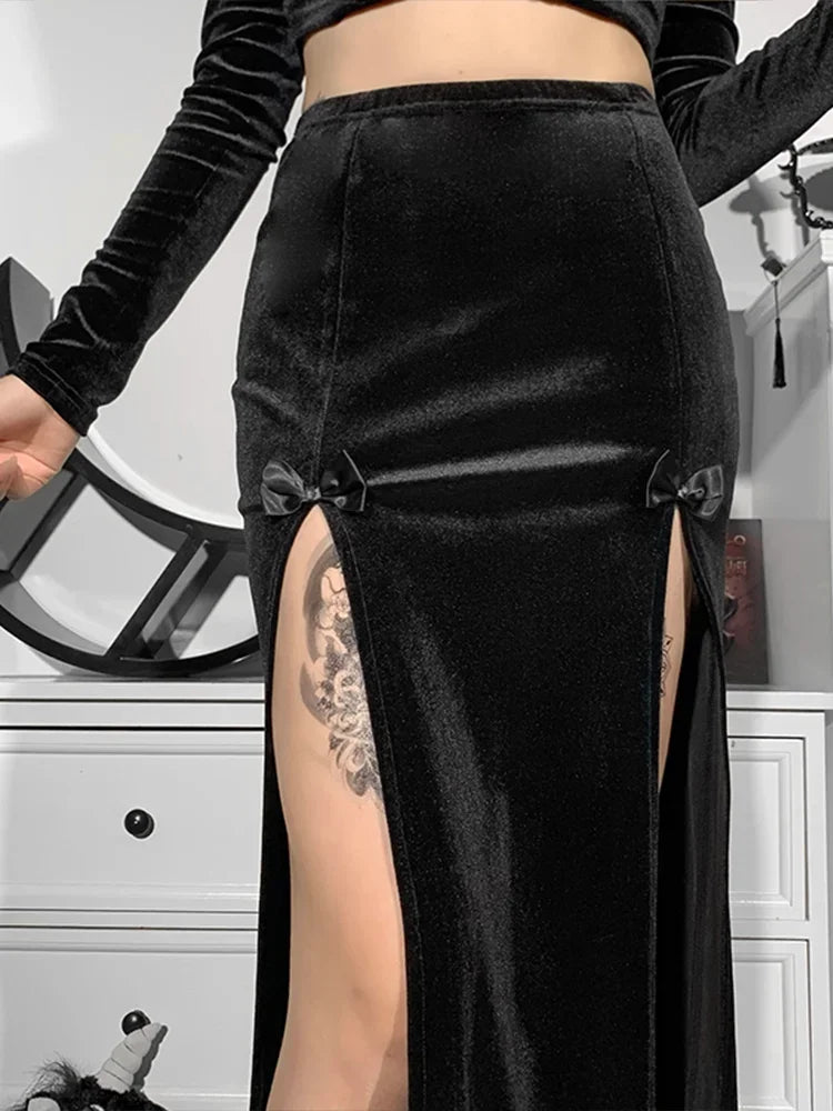 Vintage Black Velvet Split Skirt