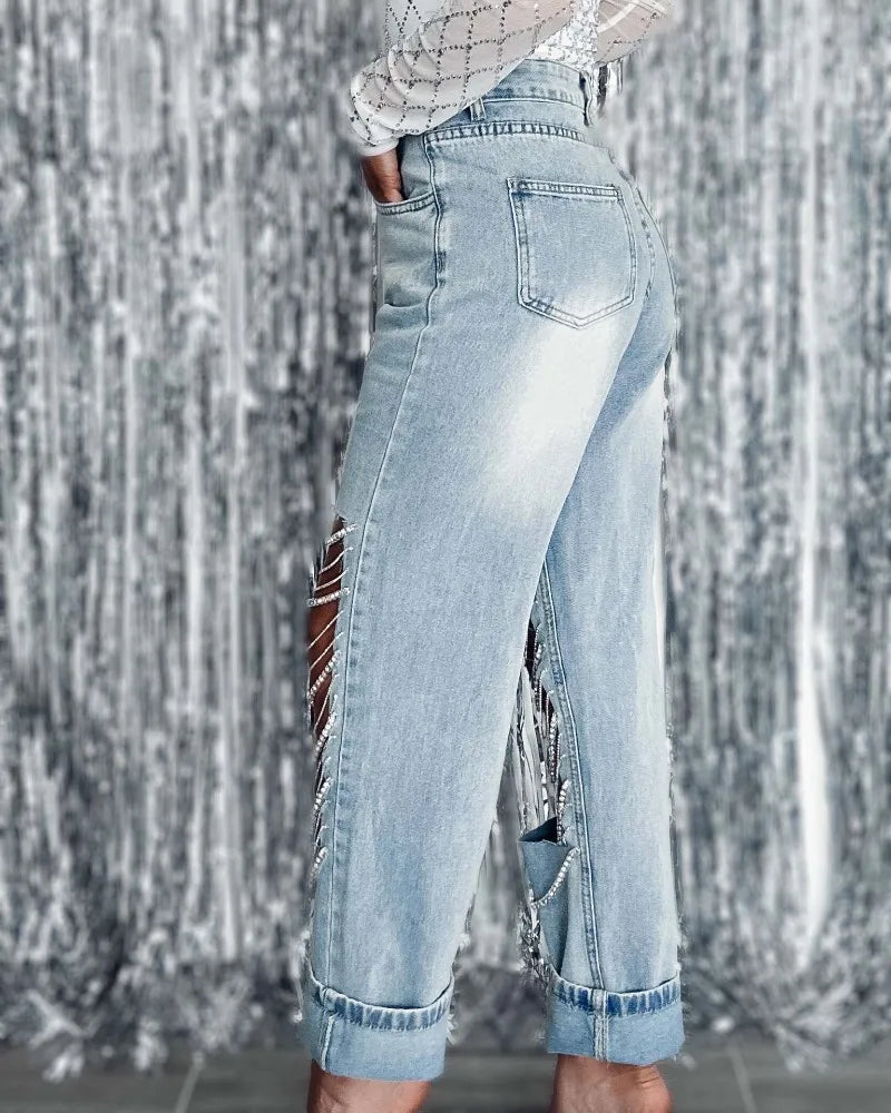Chain Straight Jeans, High Waist, Loose Denim Long Pants