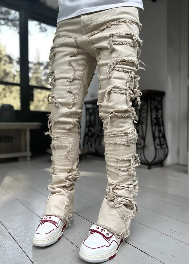 Ripped Slim Fit Patch Distressed Destroyed Straight Denim Pants