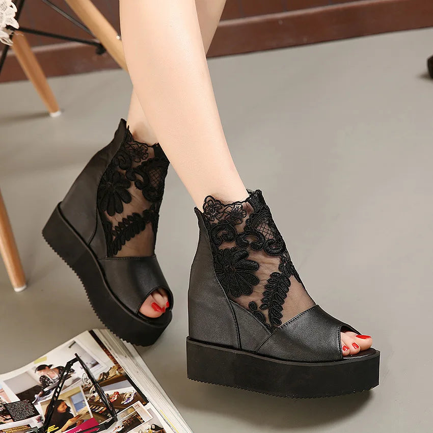 Lace Shoes Wedge Heels Platform Pumps