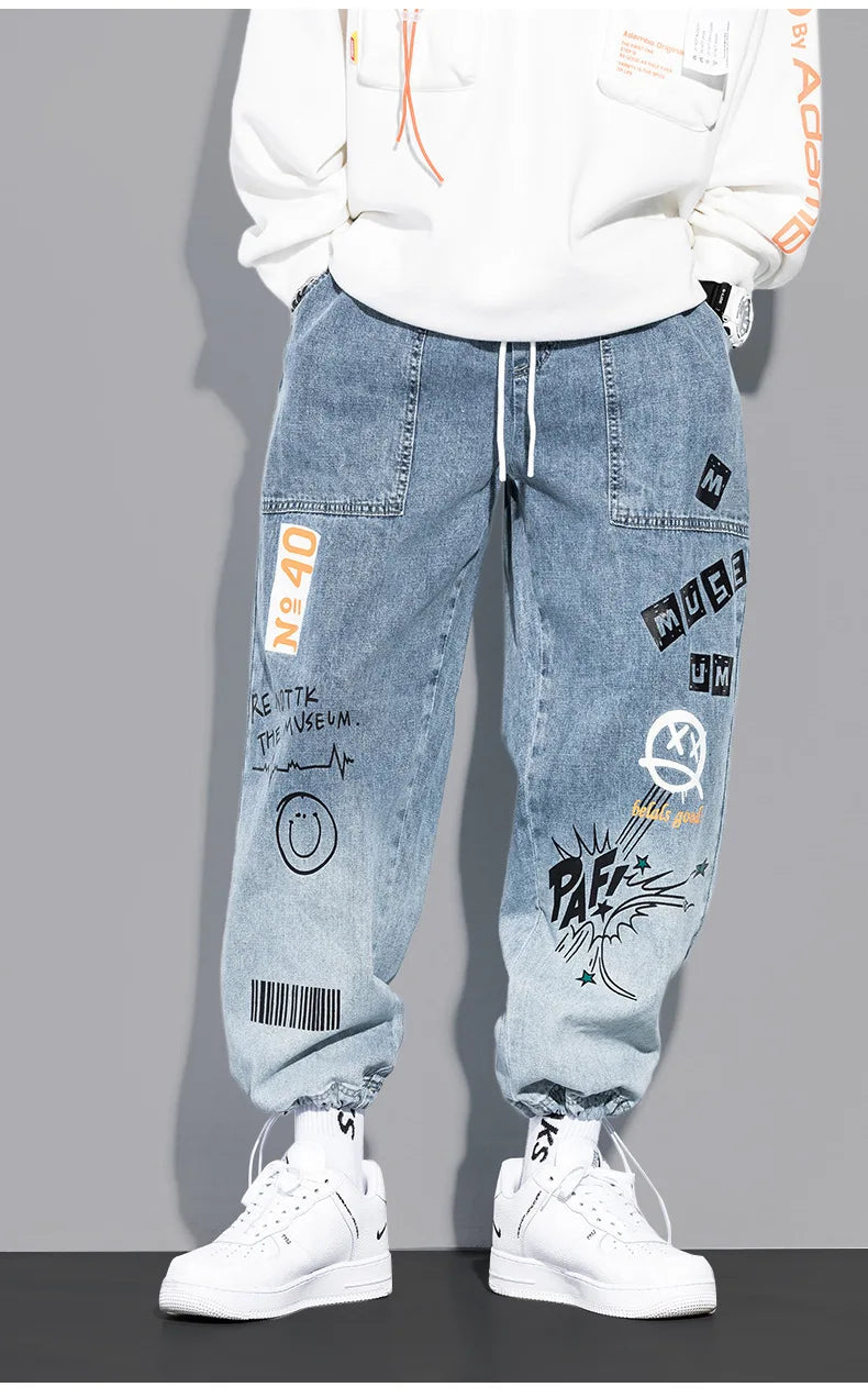 Print Jeans Loose Cartoon Graffiti Drawstring Trousers Hip Hop Trend Casual Streetwear Jogging Pants