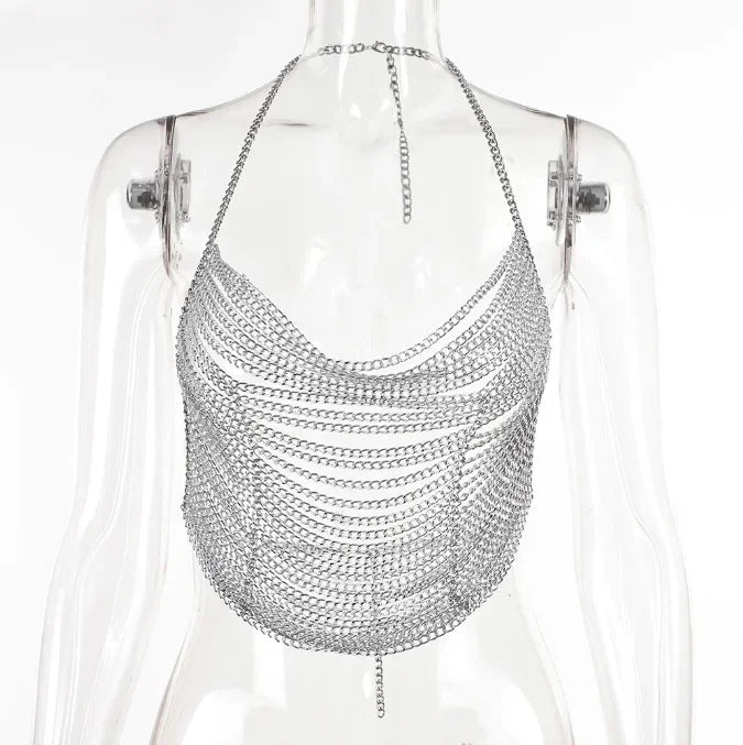 Nightclub Sexy Halter Neck Metal Chain Tank Top