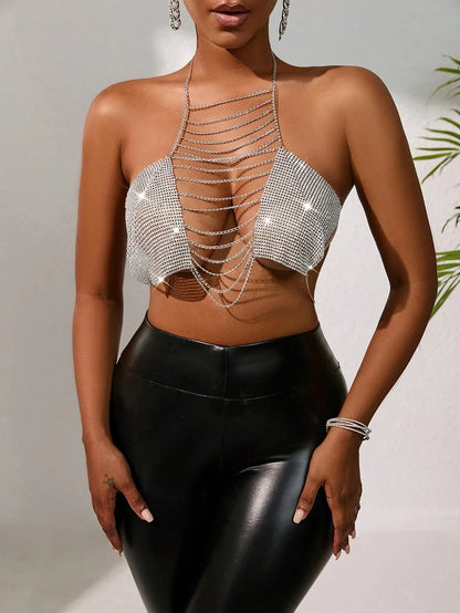 Sexy Metal Rhinestone Backless Halter Tops