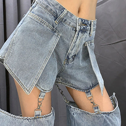 Buckle Broken Cut Out Trendy Jeans