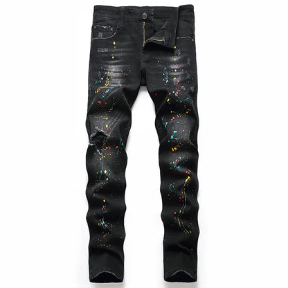 Casual Black Jeans Paint Slim Straight